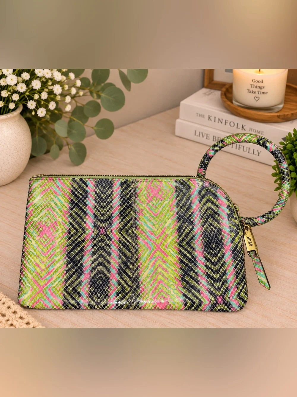HOBO Colorful Snakeskin Print Leather Wristlet Clutch Organizer